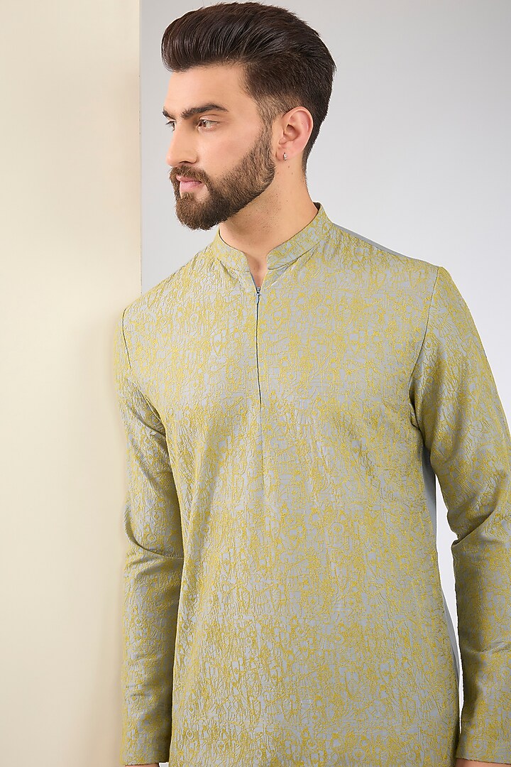 Pista Green Blue Cotton Silk Embroidered Kurta Set by SURBHI PANSARI at Pernia's Pop Up Shop