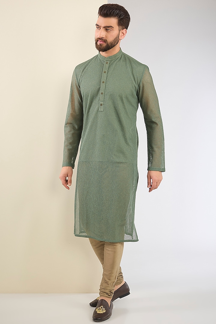 Sage Green Cotton Knitted Kurta Set by SURBHI PANSARI