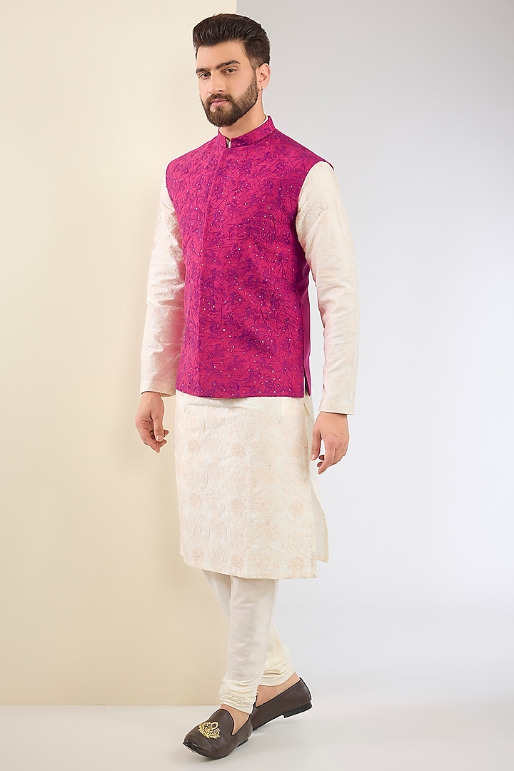 French Rose Cotton Silk Embroidered Nehru Jacket Set by SURBHI PANSARI