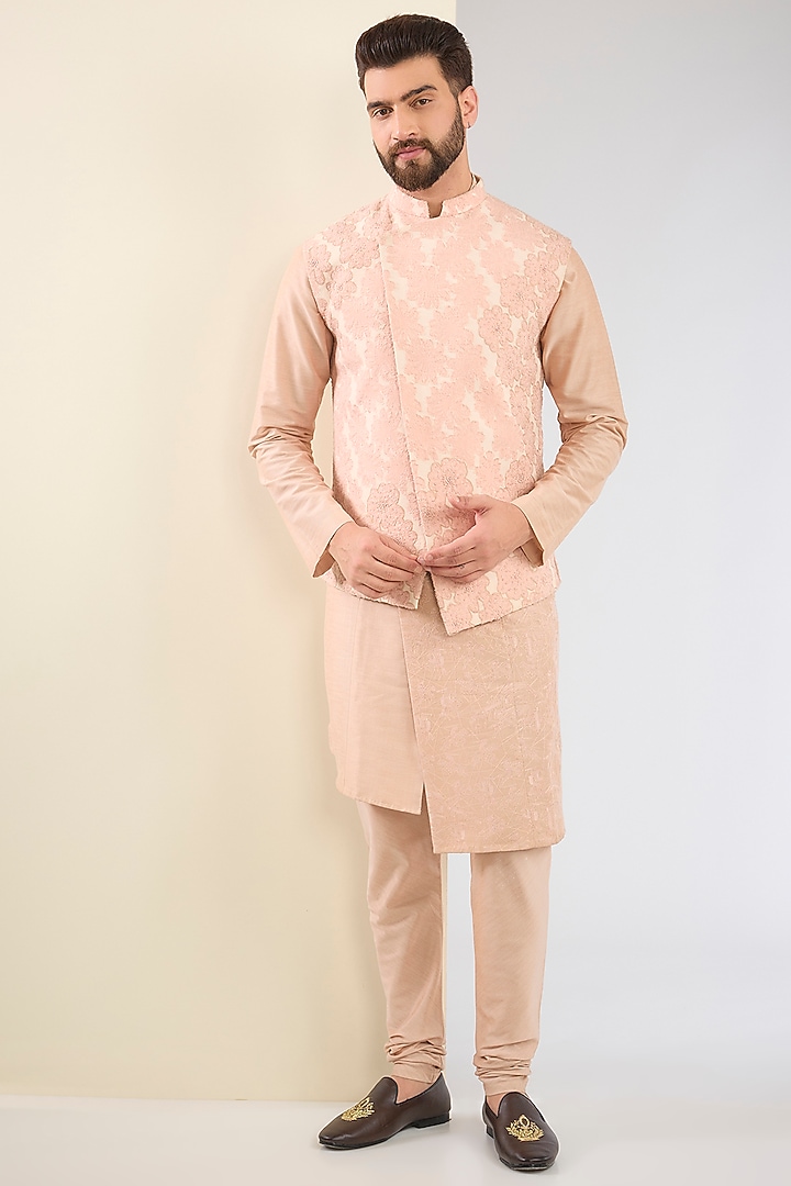 Old Rose Pink Cotton Silk Beads Embroidered Nehru Jacket Set by SURBHI PANSARI at Pernia's Pop Up Shop