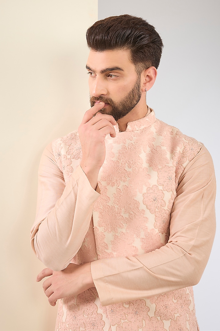 Old Rose Pink Cotton Silk Beads Embroidered Nehru Jacket Set by SURBHI PANSARI at Pernia's Pop Up Shop