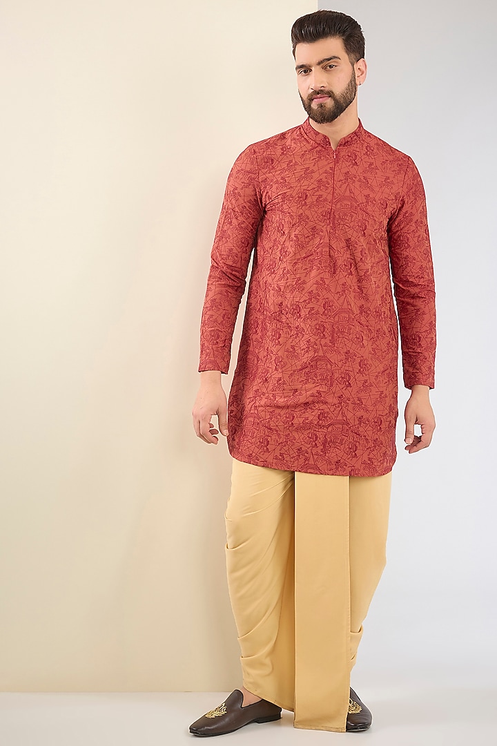 Burnt Red Cotton Silk Thread Embroidered Kurta Set by SURBHI PANSARI