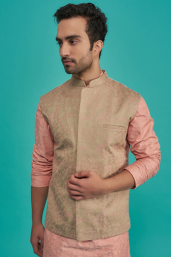 Light Olive Cotton Silk Bundi Jacket Set by SURBHI PANSARI at Pernia's Pop Up Shop