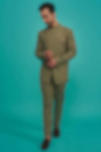 Light Olive Suiting Embroidered Wedding Bandhgala Set by SURBHI PANSARI at Pernia's Pop Up Shop