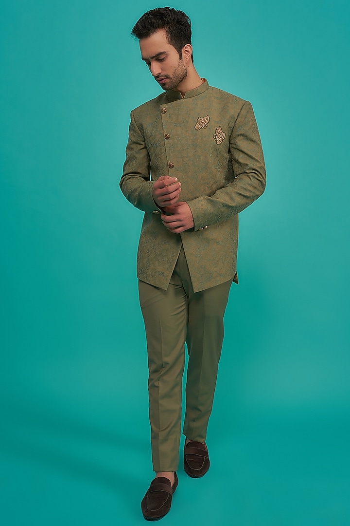 Light Olive Suiting Embroidered Wedding Bandhgala Set by SURBHI PANSARI at Pernia's Pop Up Shop