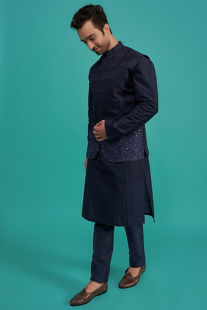 Midnight Blue Cotton Silk Thread Hand Embroidered Bundi Jacket Set by SURBHI PANSARI