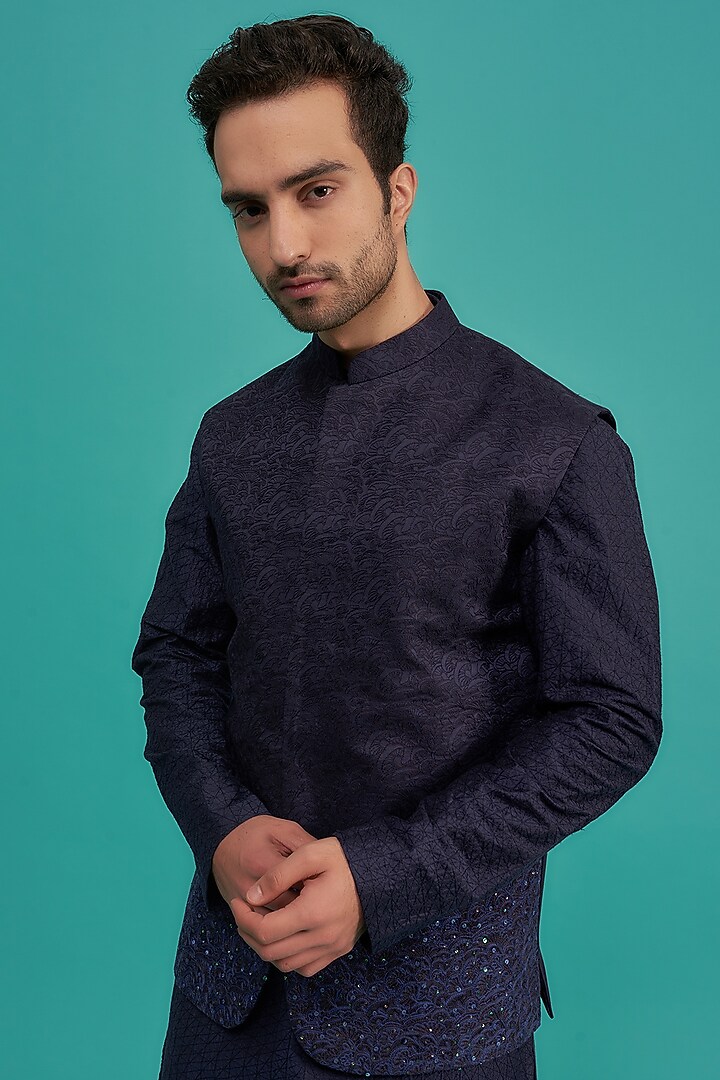 Midnight Blue Cotton Silk Thread Hand Embroidered Bundi Jacket Set by SURBHI PANSARI at Pernia's Pop Up Shop