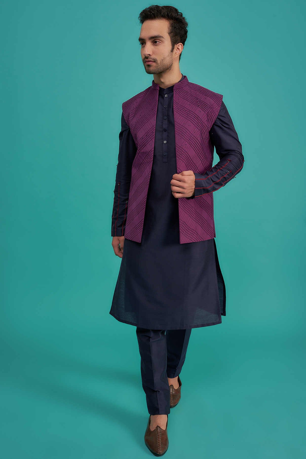 Plum Cotton Silk Hand Embroidered Indowestern Set by SURBHI PANSARI