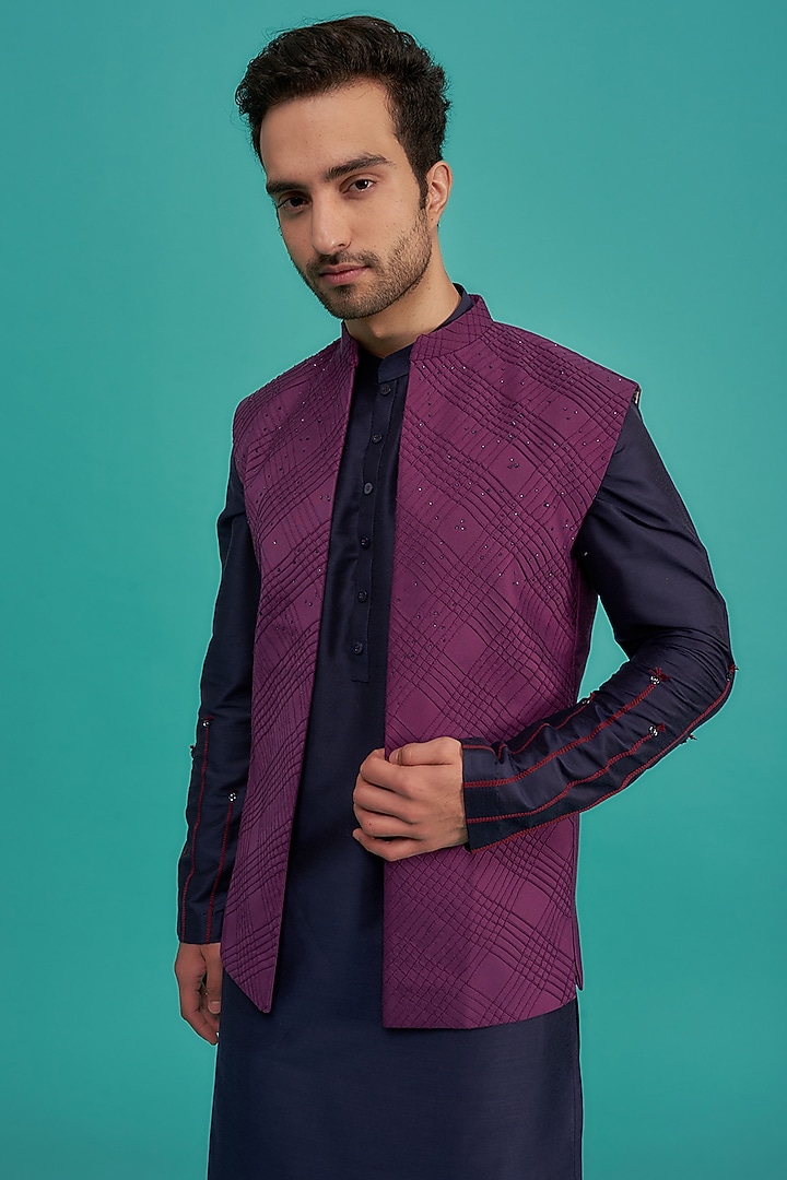 Purple Cotton Silk Hand Embroidered Wedding Indowestern Set by SURBHI PANSARI at Pernia's Pop Up Shop