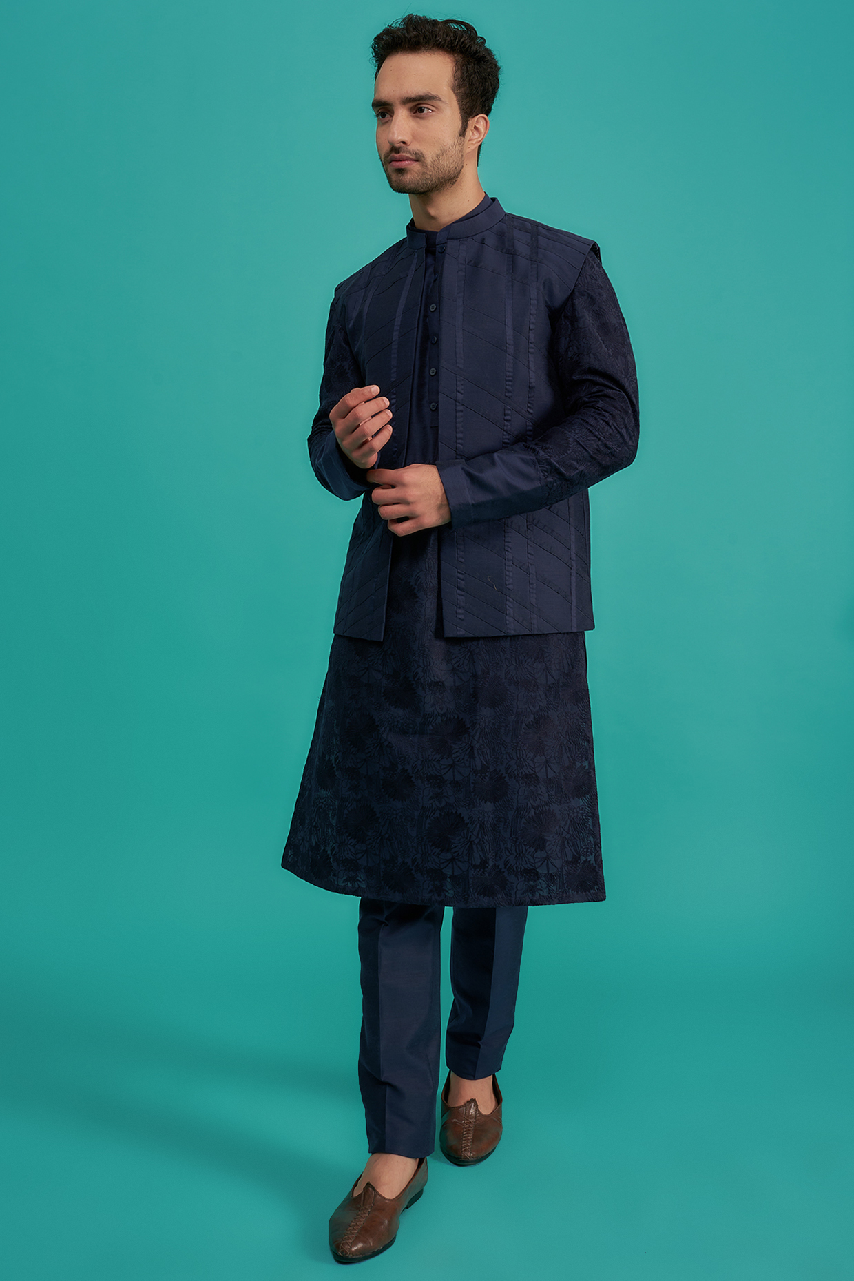 Midnight Blue Cotton Silk Indo-Western Set by SURBHI PANSARI