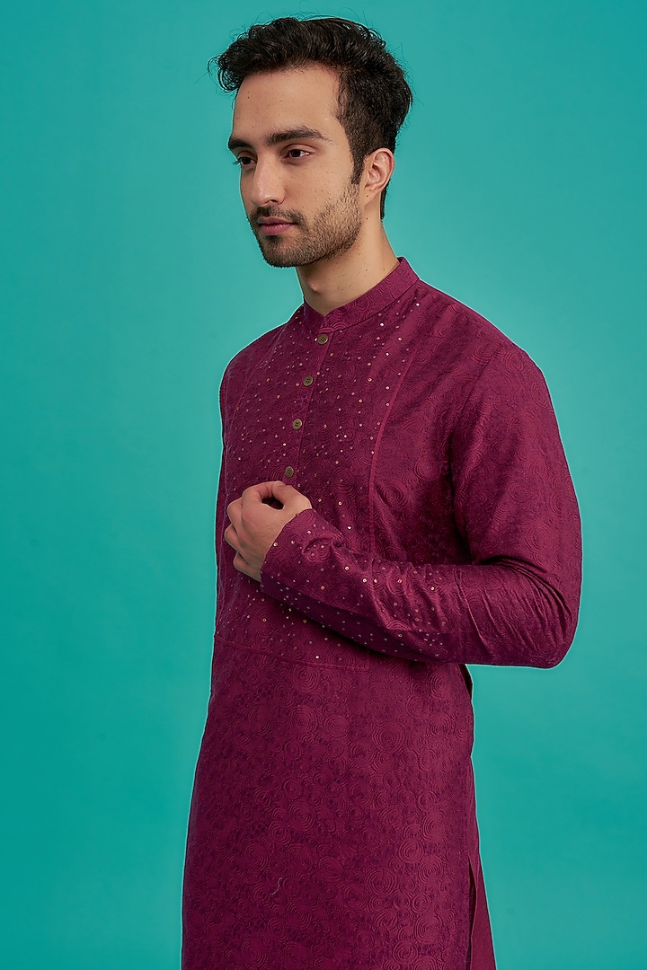 Purple Cotton Silk Embroidered Kurta Set by SURBHI PANSARI at Pernia's Pop Up Shop