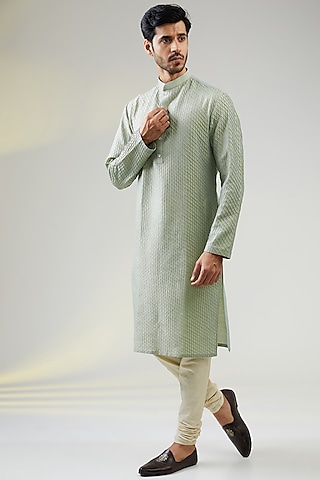 Pearl Grey Cotton Silk Kurta Set by SURBHI PANSARI