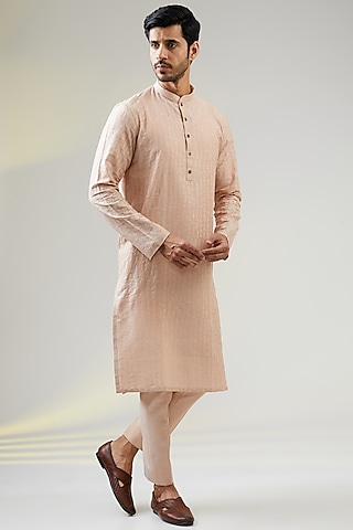 Old Rose Pink Cotton Silk Hand Embroidered Kurta Set by SURBHI PANSARI