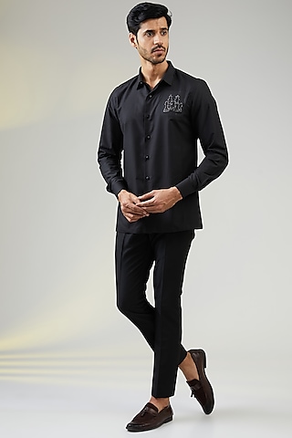 Black Cotton Crystal Embellished Co-Ord Set by SURBHI PANSARI