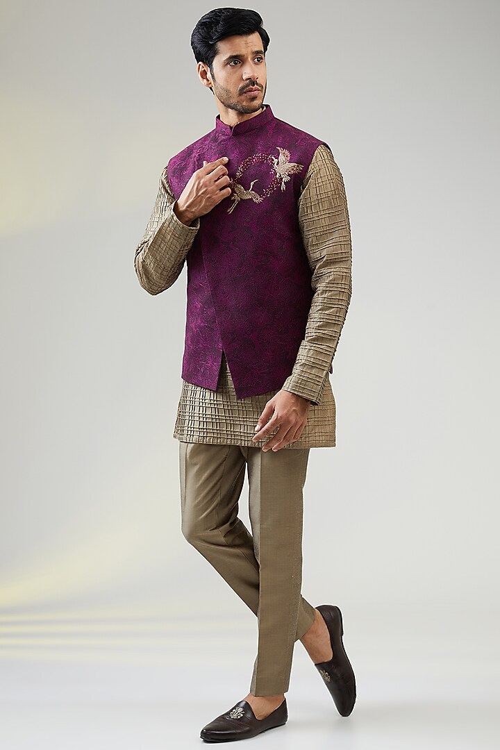 Purple Cotton Silk Thread Embroidered Asymmetric Bundi Jacket Set by SURBHI PANSARI