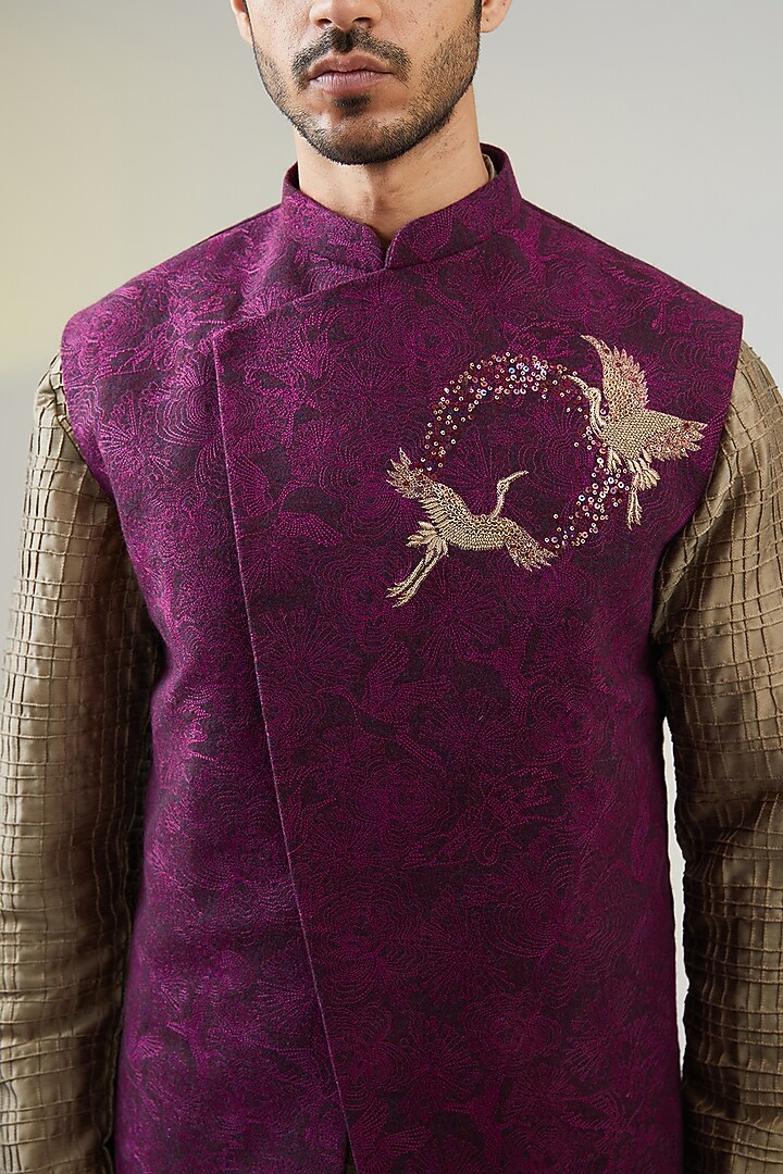 Purple Cotton Silk Thread Embroidered Asymmetric Bundi Jacket Set by SURBHI PANSARI at Pernia's Pop Up Shop