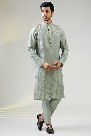 Pearl Grey Cotton Silk Hand Embroidered Kurta Set by SURBHI PANSARI