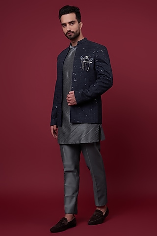 Midnight Blue Cotton Silk Embroidered Indo-Western Set by SURBHI PANSARI