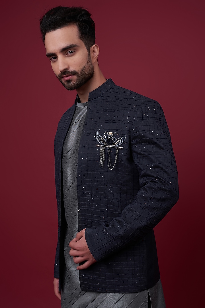 Midnight Blue Cotton Silk Embroidered Indo-Western Set by SURBHI PANSARI at Pernia's Pop Up Shop