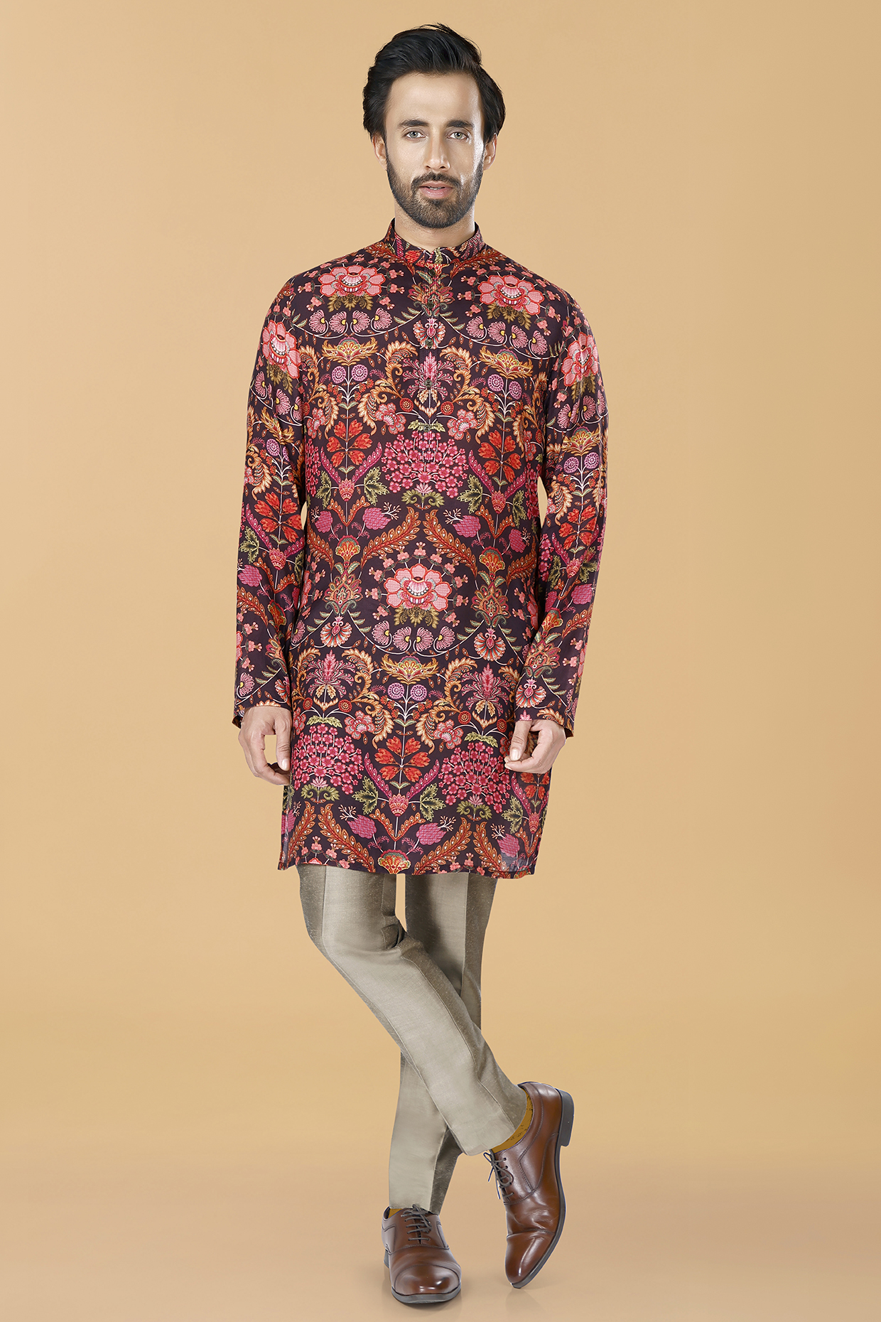 Wine Muslin Silk Paisley Printed Kurta Set by SURBHI PANSARI