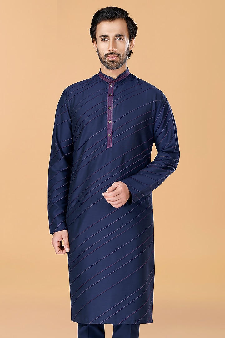 Midnight Blue Cotton Silk Thread Embroidered Kurta Set by SURBHI PANSARI at Pernia's Pop Up Shop