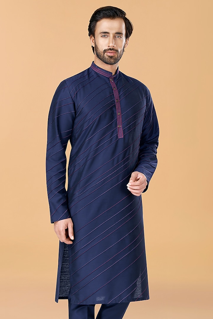 Midnight Blue Cotton Silk Thread Embroidered Kurta Set by SURBHI PANSARI at Pernia's Pop Up Shop