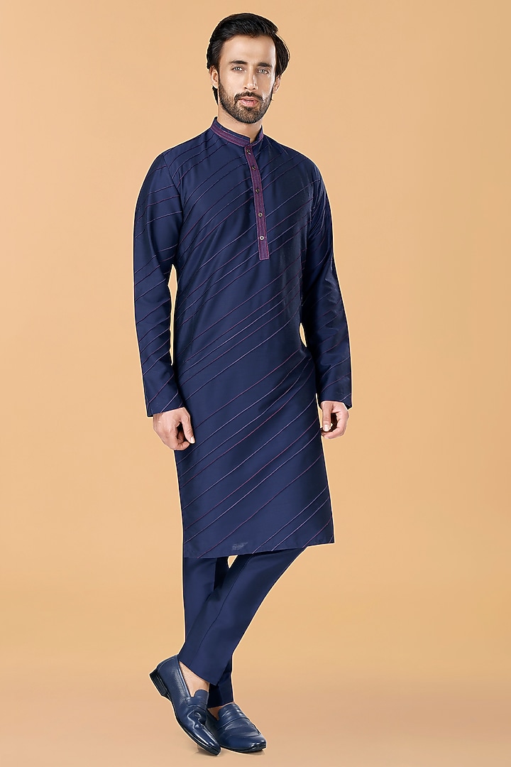Midnight Blue Cotton Silk Thread Embroidered Kurta Set by SURBHI PANSARI at Pernia's Pop Up Shop