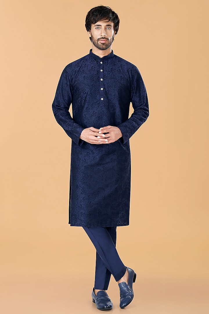 Midnight Blue Cotton Silk Thread Embroidered Kurta Set by SURBHI PANSARI at Pernia's Pop Up Shop