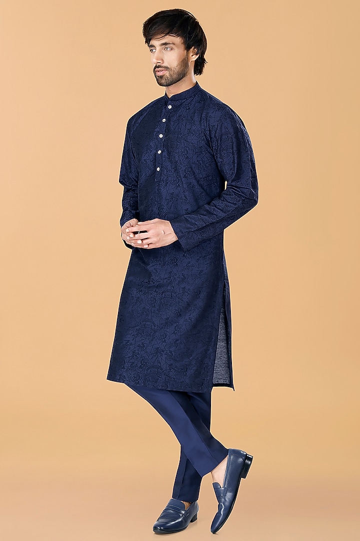 Midnight Blue Cotton Silk Thread Embroidered Kurta Set by SURBHI PANSARI at Pernia's Pop Up Shop