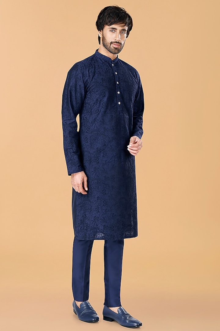 Midnight Blue Cotton Silk Thread Embroidered Kurta Set by SURBHI PANSARI at Pernia's Pop Up Shop