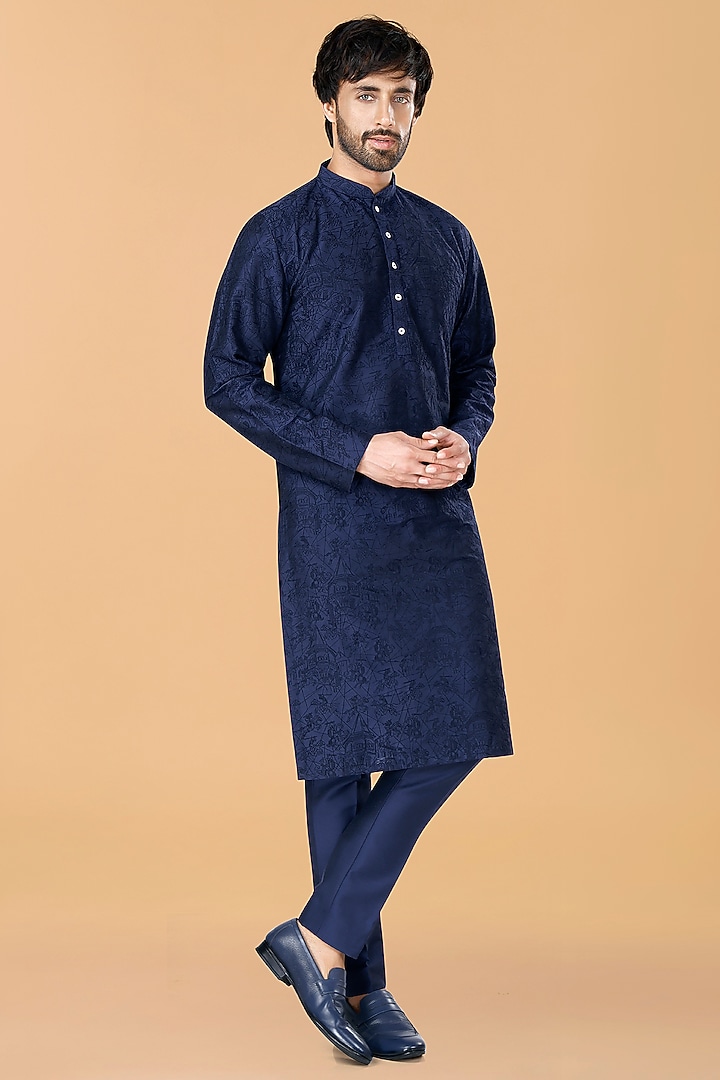 Midnight Blue Cotton Silk Thread Embroidered Kurta Set by SURBHI PANSARI at Pernia's Pop Up Shop