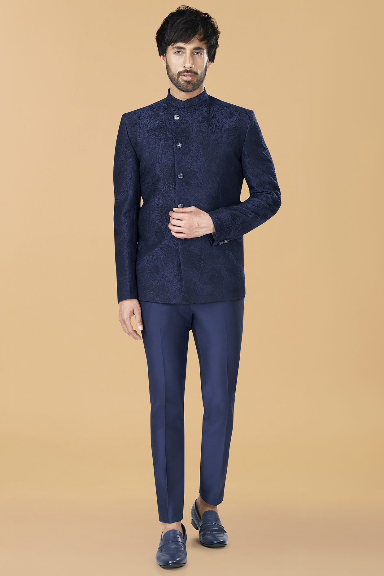 Midnight Blue Cotton Silk Jellyfish Thread Embroidered Jodhpuri Coat Set by SURBHI PANSARI