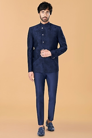 Midnight Blue Cotton Silk Jellyfish Thread Embroidered Jodhpuri Coat Set by SURBHI PANSARI
