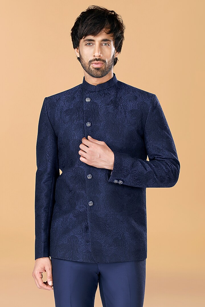 Midnight Blue Cotton Silk Jellyfish Thread Embroidered Jodhpuri Coat Set by SURBHI PANSARI at Pernia's Pop Up Shop