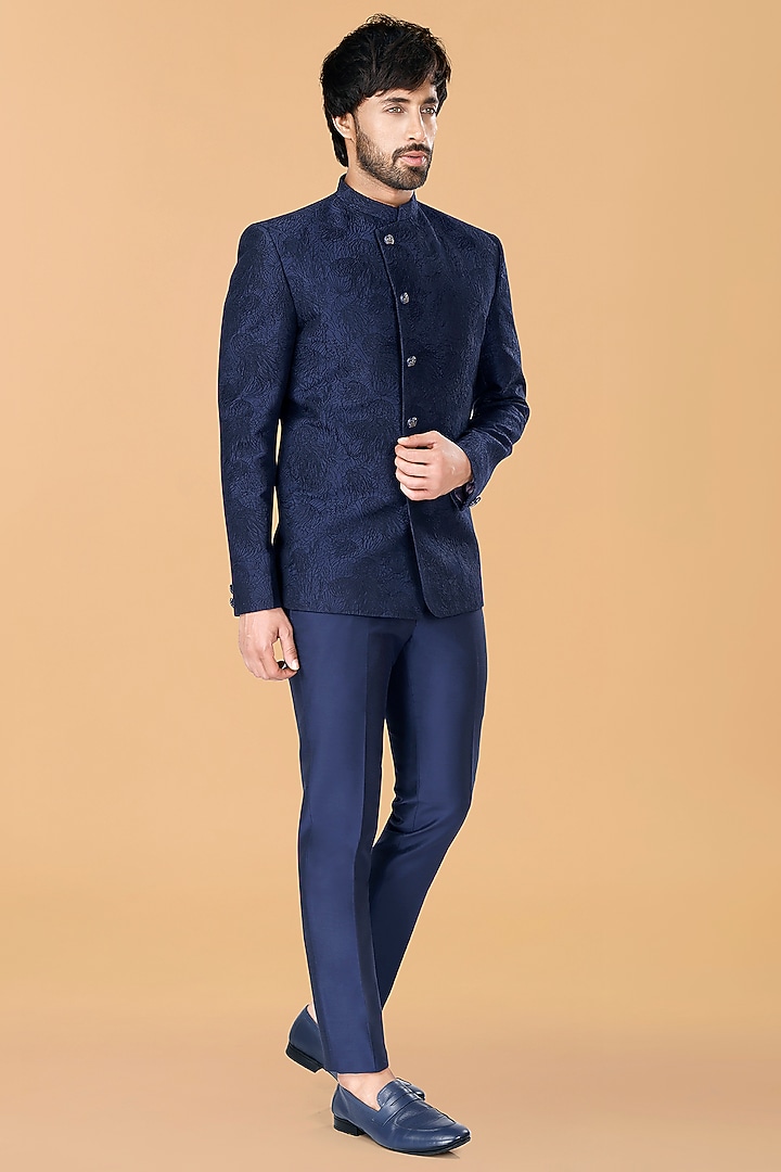 Midnight Blue Cotton Silk Jellyfish Thread Embroidered Jodhpuri Coat Set by SURBHI PANSARI at Pernia's Pop Up Shop