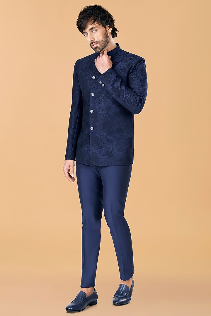 Midnight Blue Cotton Silk Jellyfish Thread Embroidered Jodhpuri Coat Set by SURBHI PANSARI at Pernia's Pop Up Shop