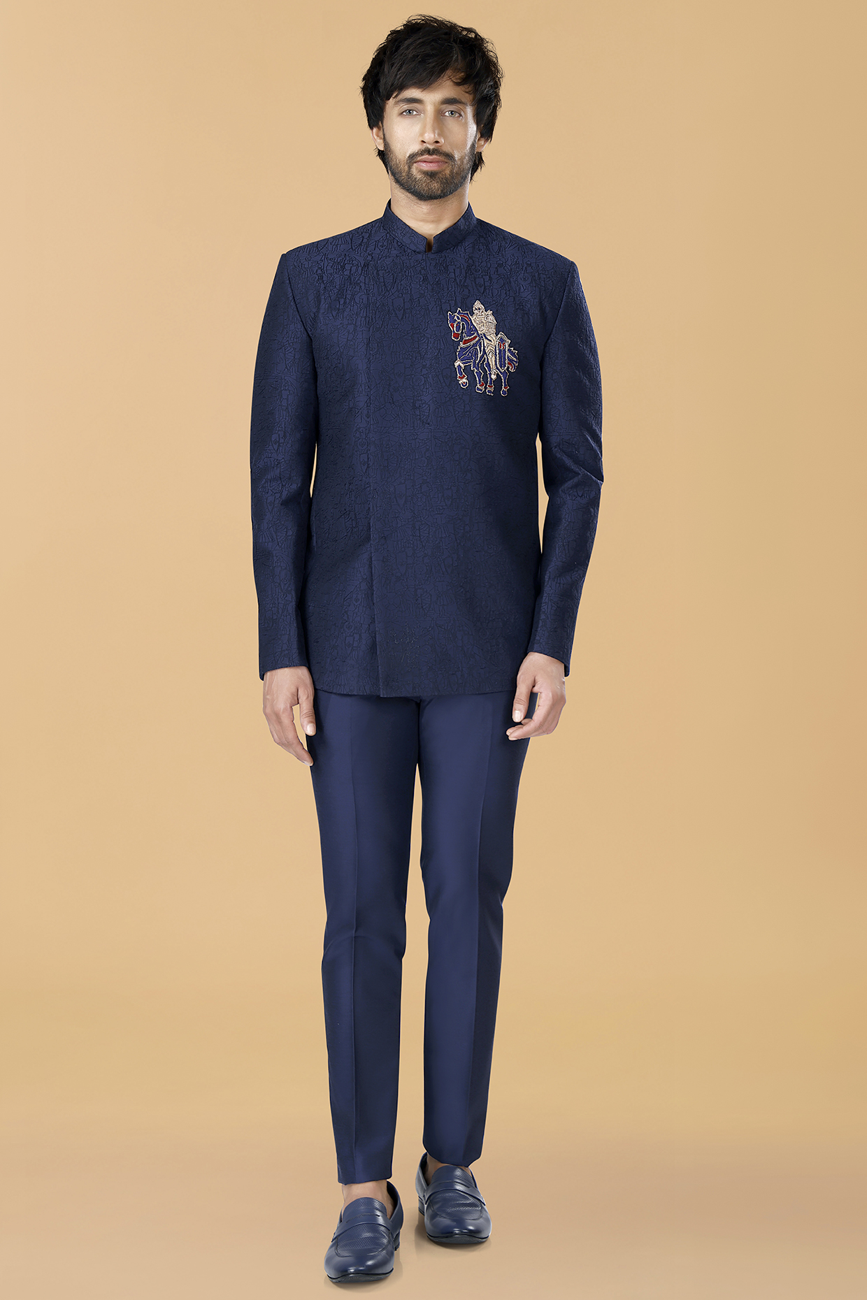 Midnight Blue Cotton Silk Knight Motif Hand Embroidered Jodhpuri Set by SURBHI PANSARI