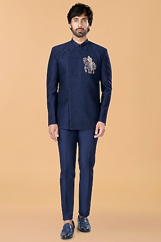 Midnight Blue Cotton Silk Knight Motif Hand Embroidered Jodhpuri Set by SURBHI PANSARI