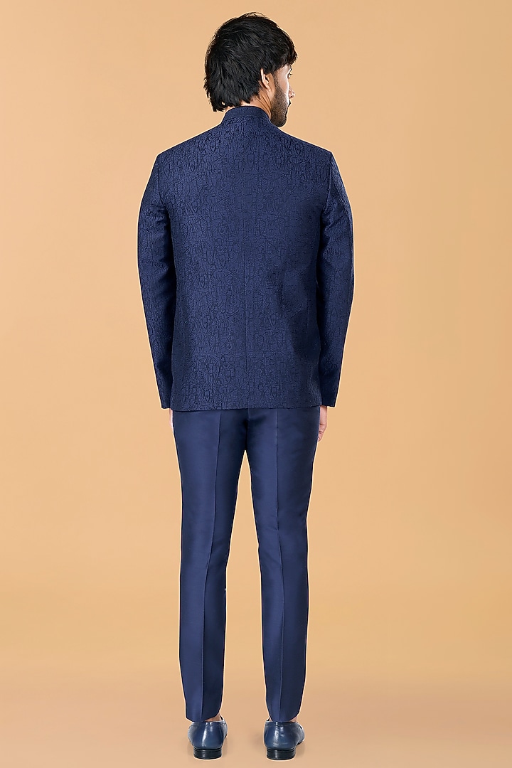 Midnight Blue Cotton Silk Knight Motif Hand Embroidered Jodhpuri Set by SURBHI PANSARI at Pernia's Pop Up Shop
