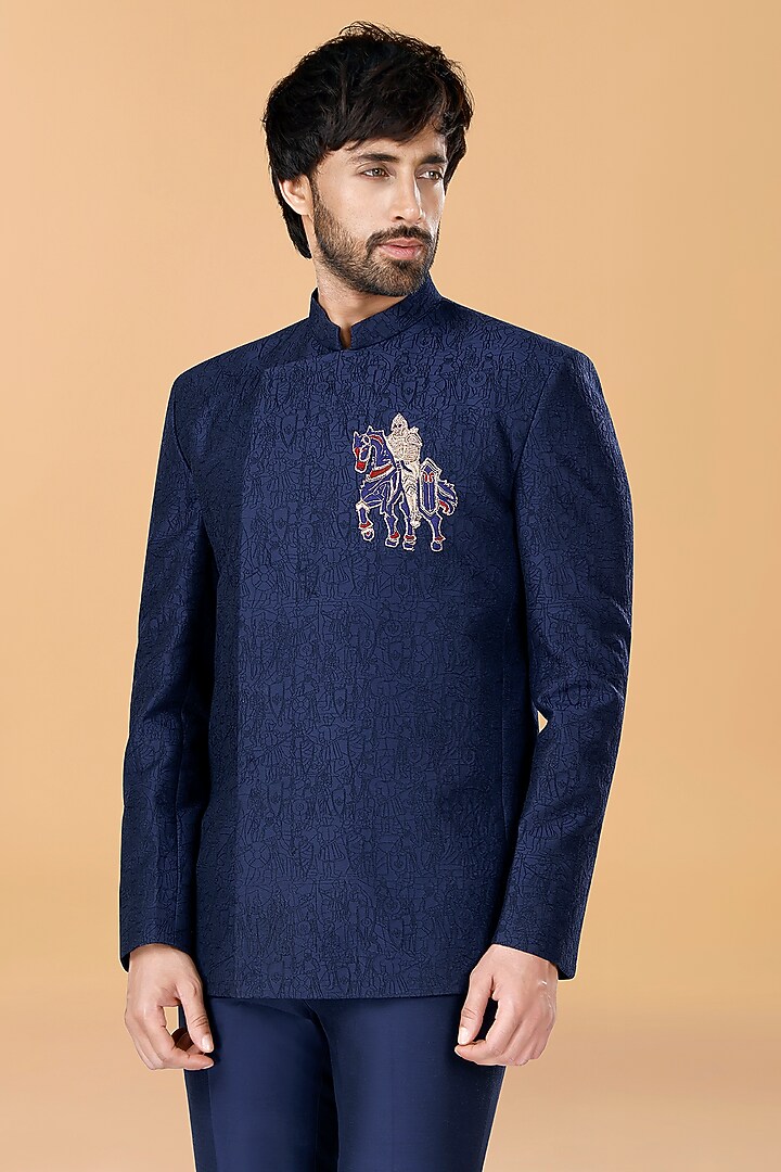 Midnight Blue Cotton Silk Knight Motif Hand Embroidered Jodhpuri Set by SURBHI PANSARI at Pernia's Pop Up Shop