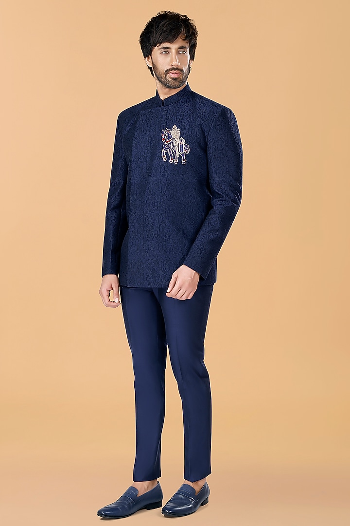 Midnight Blue Cotton Silk Knight Motif Hand Embroidered Jodhpuri Set by SURBHI PANSARI at Pernia's Pop Up Shop