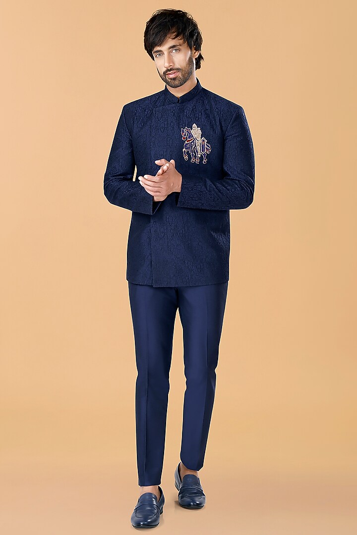 Midnight Blue Cotton Silk Knight Motif Hand Embroidered Jodhpuri Set by SURBHI PANSARI at Pernia's Pop Up Shop
