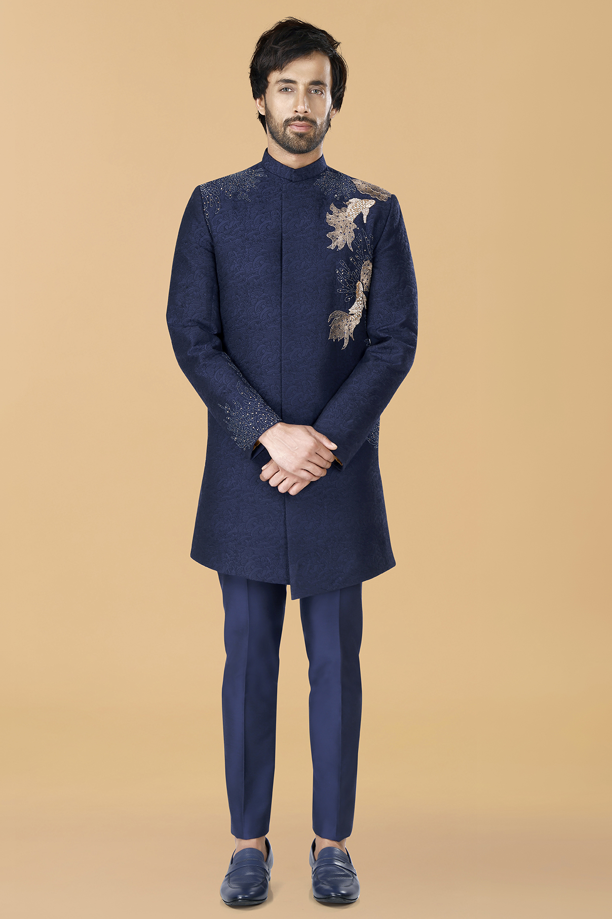 Midnight Blue Cotton Silk Zardosi Embroidered Bandhgala Set by SURBHI PANSARI