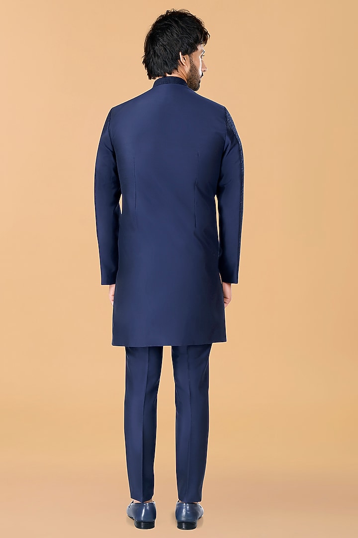 Midnight Blue Cotton Silk Zardosi Embroidered Wedding Bandhgala Set by SURBHI PANSARI at Pernia's Pop Up Shop