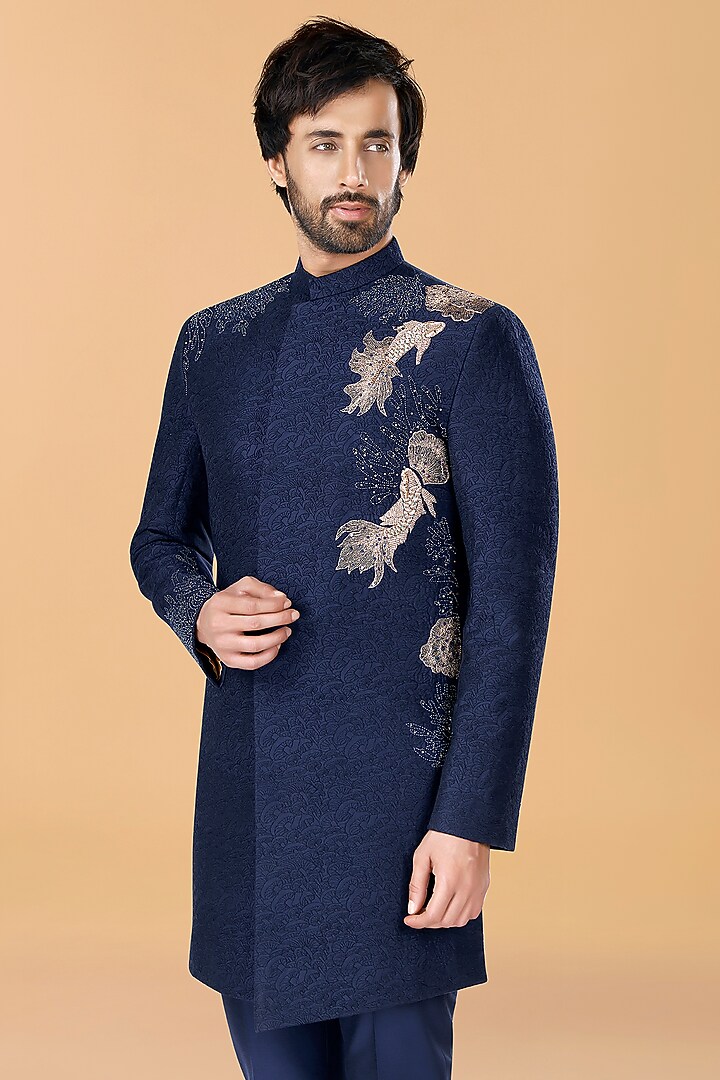 Midnight Blue Cotton Silk Zardosi Embroidered Wedding Bandhgala Set by SURBHI PANSARI at Pernia's Pop Up Shop