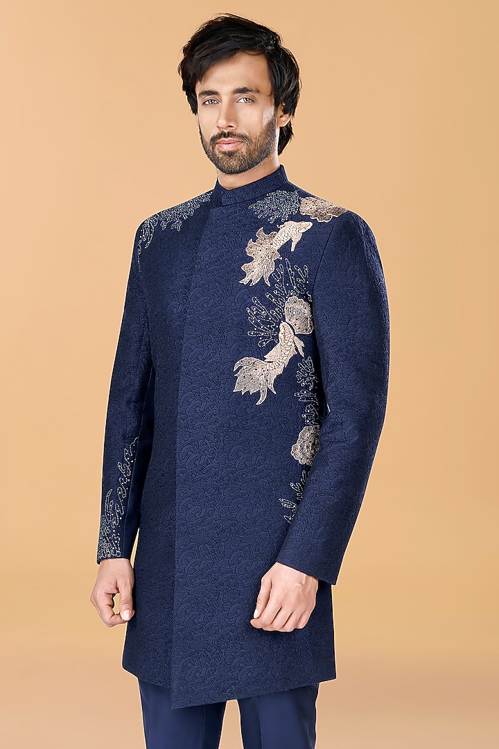 Midnight Blue Cotton Silk Zardosi Embroidered Wedding Bandhgala Set by SURBHI PANSARI at Pernia's Pop Up Shop