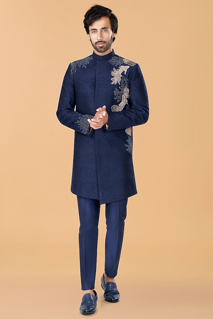 Midnight Blue Cotton Silk Zardosi Embroidered Wedding Bandhgala Set by SURBHI PANSARI at Pernia's Pop Up Shop