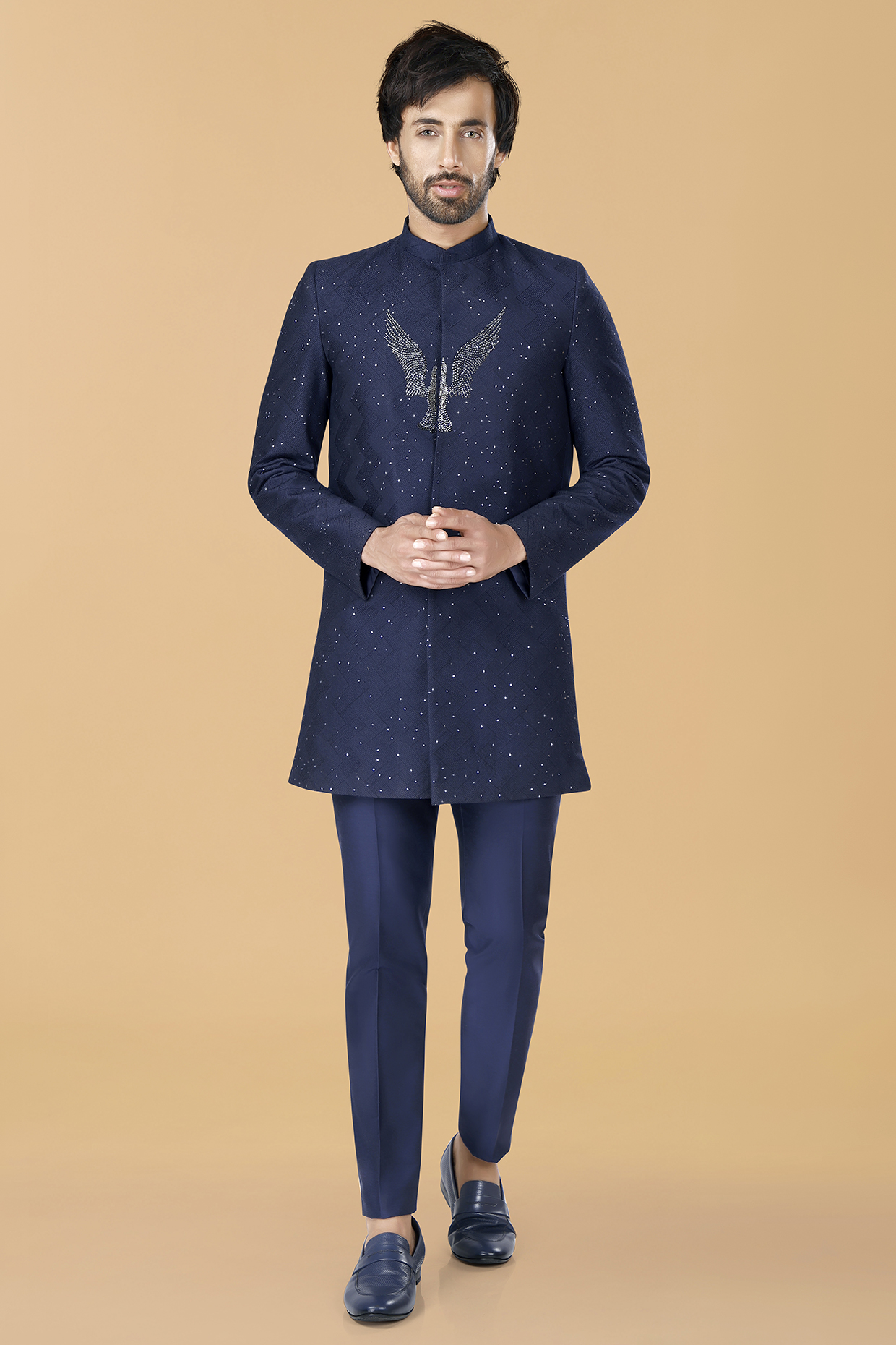 Midnight Blue Cotton Silk Crystal Bird Motif & Thread Embroidered Bandhgala Set by SURBHI PANSARI