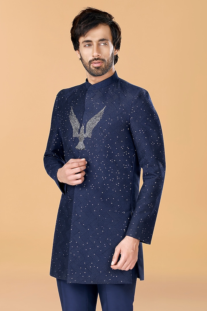 Midnight Blue Cotton Silk Crystal Bird Motif & Thread Embroidered Wedding Bandhgala Set by SURBHI PANSARI at Pernia's Pop Up Shop