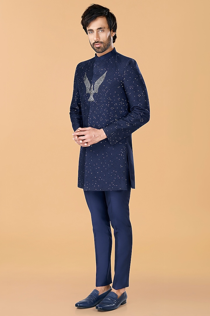 Midnight Blue Cotton Silk Crystal Bird Motif & Thread Embroidered Wedding Bandhgala Set by SURBHI PANSARI at Pernia's Pop Up Shop